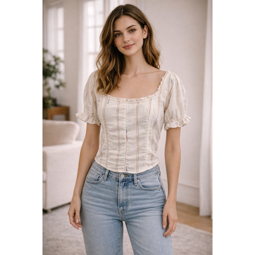 Free People Serotonin Top XS Cream Peasant Crop Puff Sleeve Square Neck Boho